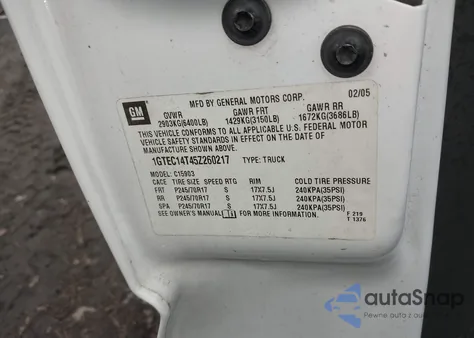 2005 GMC Sierra 1500 z USA, uszkodzony, nr VIN 1GTEC14T45Z260217